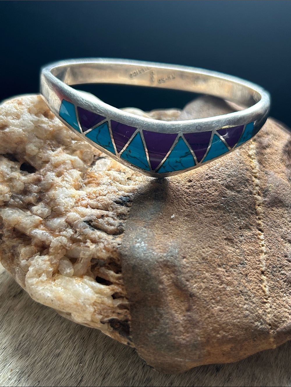 Vintage Taxco Sterling Silver Turquoise and Purple Inlay Chevron Bracelet